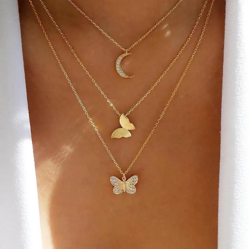 collier ras du cou pour les femmes multi-couches plaqué or , mode étoile lune coeur papillon pendentif