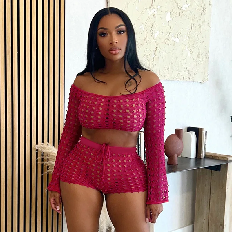 Chemises à manches longues et shorts costumes en trou pour femmes