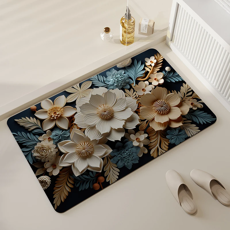 Tapis de sol, Fleur douce 3D, absorbant antidérapant séchage rapide pour salle de bain, sol, porte, cuisine, chambre