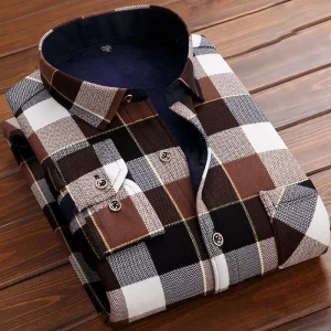 Chemise de mode boutonnée pour hommes, épais chaud à manches longues à carreaux Polyester