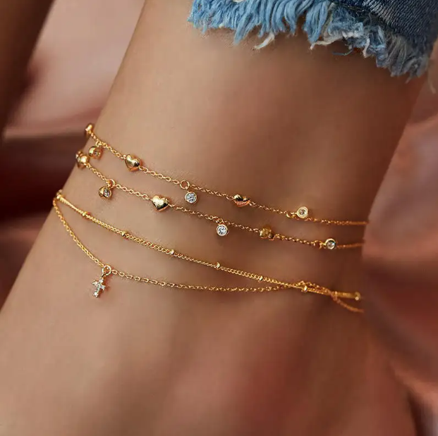 Plaqué or croix strass coeur, Vintage pieds bracelets de cheville Multi 4 couches femmes