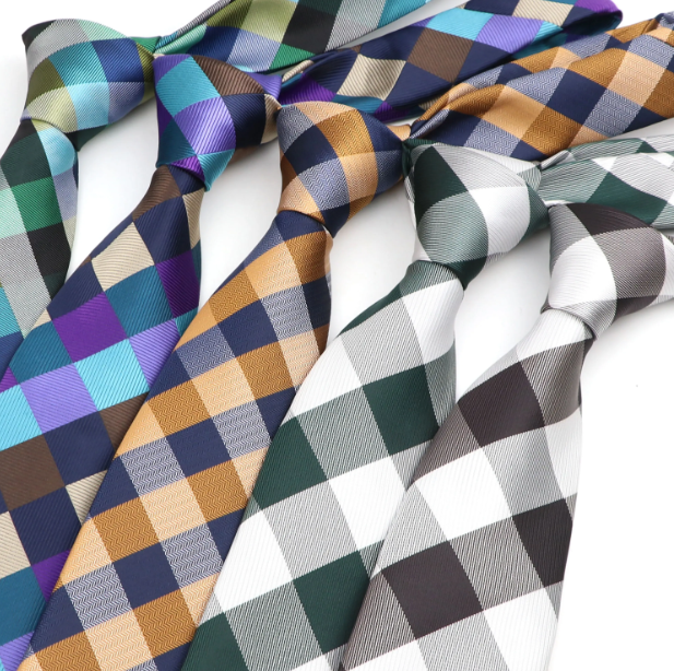 Cravates Jacquard tissées en Polyester pour homme, à carreaux jaunes, violettes et noirs, très solides, nouvelle mode