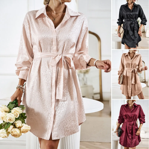 Longues chemise tunique robe class pour les femmes, tempérament élégant col rabattu robe