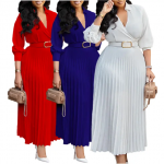 Robes mode, dame élégante couleur unie à manches longues et col en v plissée élégantes. robes décontractées avec ceinture
