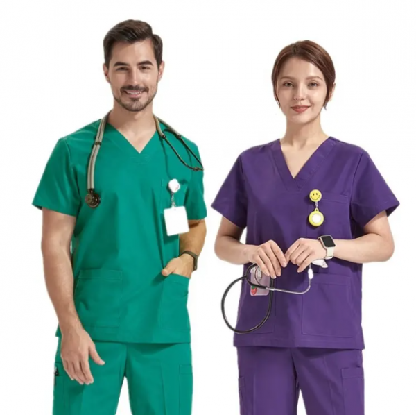 Uniforme d'infirmière de luxe à manches courtes, col en v élastique, blouses unisexe, ensembles de costumes