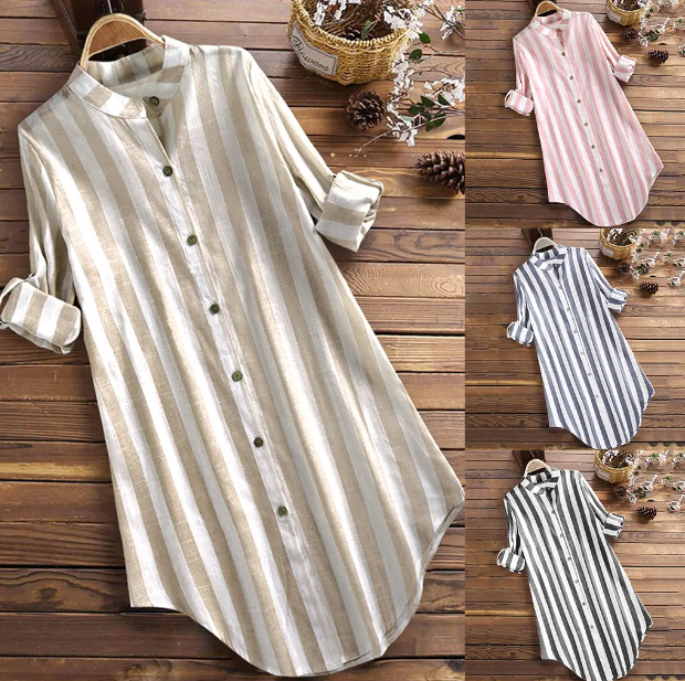 Chemise rayée ample robes manches longues décontracté mode dames S-5XL
