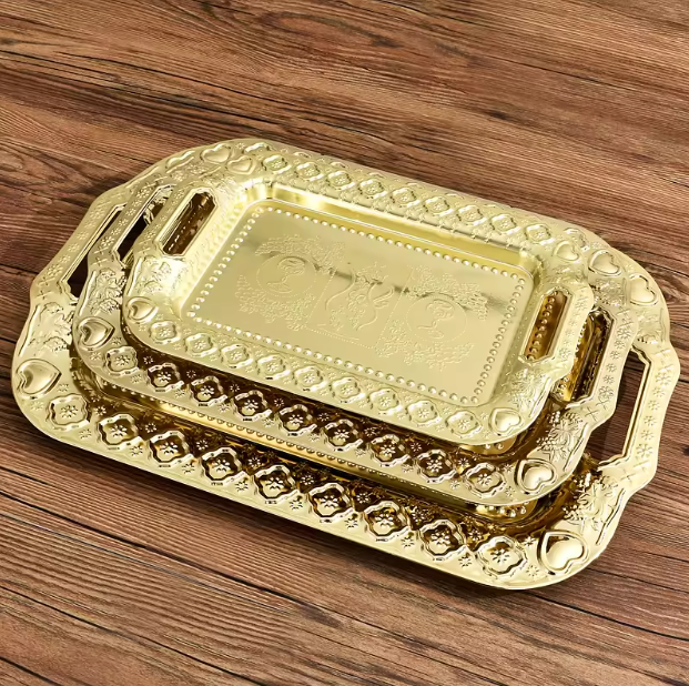 Jeu de 3 pcs Plateaux en acier inoxydable or Rose Buffet serveur, Restauration luxueuse
