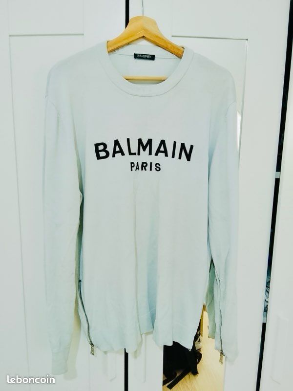 Très Beau Pull Blanc Balmain Paris Style Manche Longue Design Chaîne