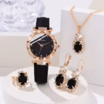 Belle Montre Chaine Boucles et Bijoux Strass Femme Ensemble 5 pcs