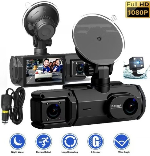 Dashcam 1080P Triple Caméra – Surveillance Avant, Arrière & Habitacle