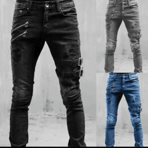 Jean Homme Skinny Extensible – Style Motard, Bleu, Gris ou Noir