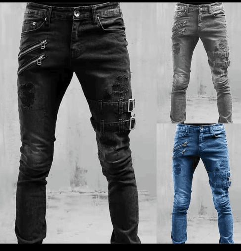 Jean Homme Skinny Extensible – Style Motard, Bleu, Gris ou Noir