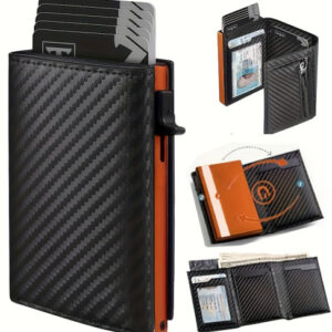 Portefeuille Homme Compact RFID – Porte-Cartes à Éjection Automatique et Poche Zippée
