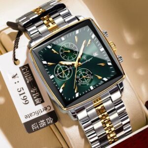 Élégante Montre Homme – Boîtier Doré, Cadran Vert et Bracelet Acier