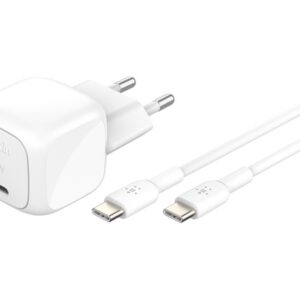 Chargeur Belkin USB-C 30 W avec câble USB-C vers USB-C 1 m – Blanc
