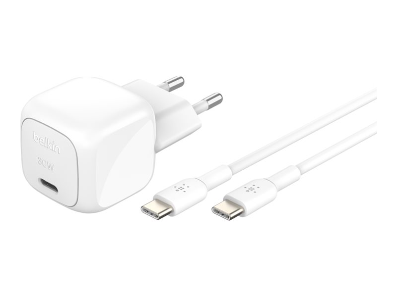 Chargeur Belkin USB-C 30 W avec câble USB-C vers USB-C 1 m – Blanc